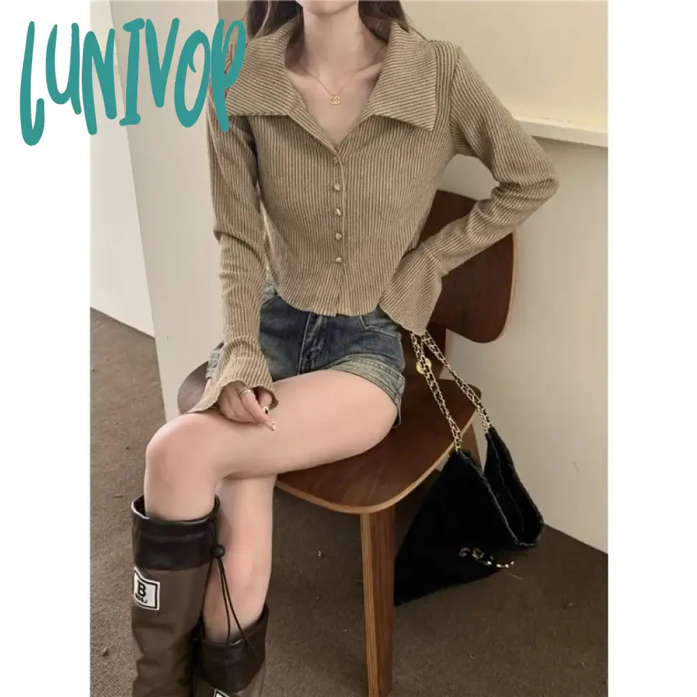 Lunivop Women Striped Cropped Vintage Shirts Korean Style Flare Sleeve Sexys Gyaru Chic Short