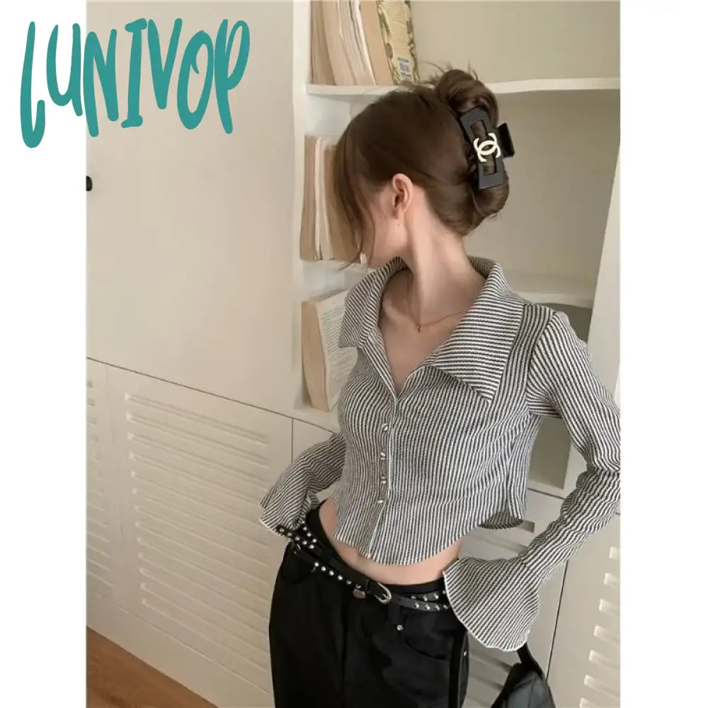 Lunivop Women Striped Cropped Vintage Shirts Korean Style Flare Sleeve Sexys Gyaru Chic Short
