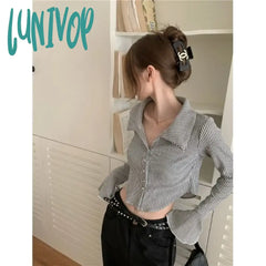 Lunivop Women Striped Cropped Vintage Shirts Korean Style Flare Sleeve Sexys Gyaru Chic Short