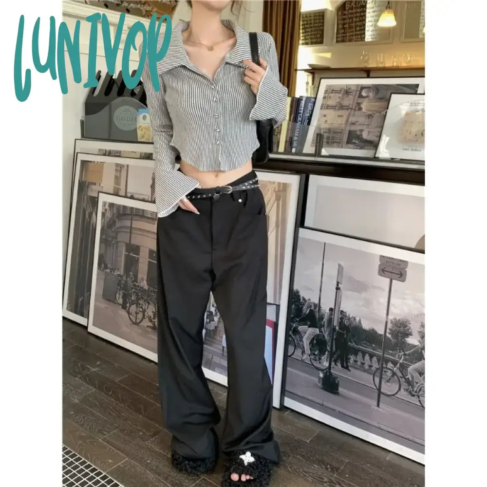 Lunivop Women Striped Cropped Vintage Shirts Korean Style Flare Sleeve Sexys Gyaru Chic Short