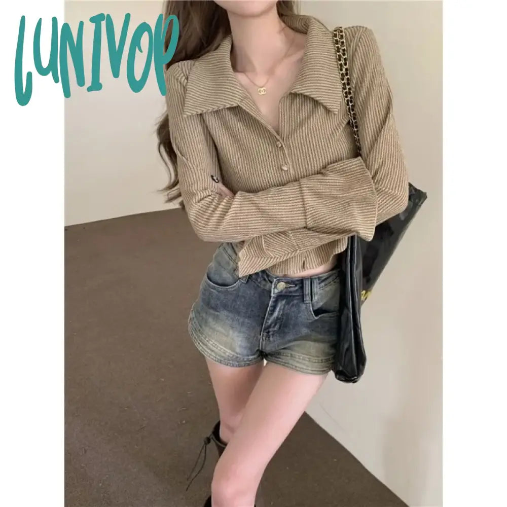 Lunivop Women Striped Cropped Vintage Shirts Korean Style Flare Sleeve Sexys Gyaru Chic Short
