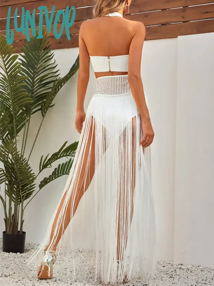 Lunivop Women Summer Celebrity Sexy Halter Tassel White Maxi Long Bandage Skirt Set Knitted Elegant