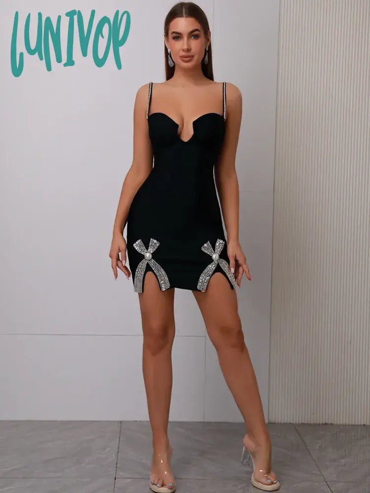 Lunivop Women Summer Celebrity Sexy V Neck Beading Black Mini Bodycon Bandage Dress Knitted Elegant