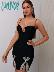 Lunivop Women Summer Celebrity Sexy V Neck Beading Black Mini Bodycon Bandage Dress Knitted Elegant