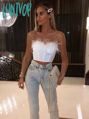 Lunivop Women Summer Fashion Sexy Strapless Backless Feather Black White Bandage Top Celebrity