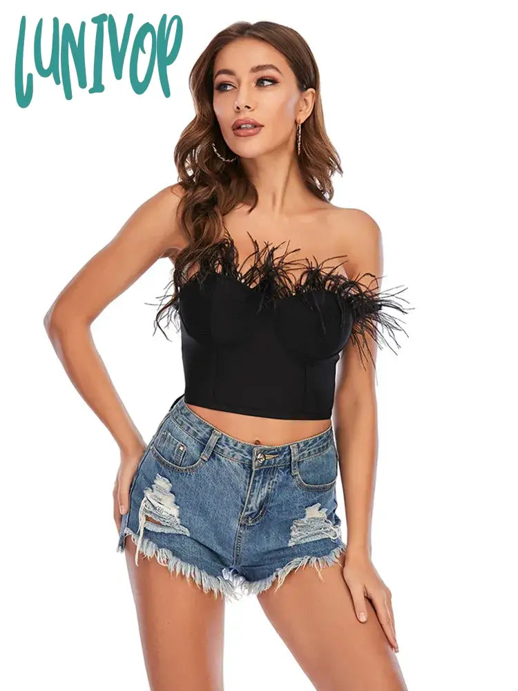 Lunivop Women Summer Fashion Sexy Strapless Backless Feather Black White Bandage Top Celebrity