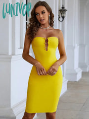 Lunivop Women Summer Fashion Sexy Strapless Backless Pin Yellow Mini Bodycon Bandage Dress 2024