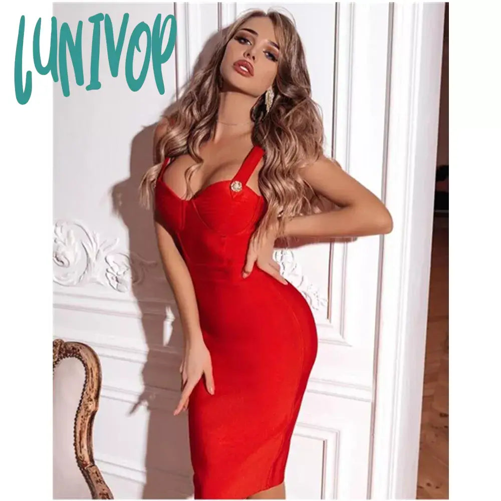 Lunivop Women Summer Fashion Sexy V Neck Backless Button Red Black White Bodycon Bandage Dress