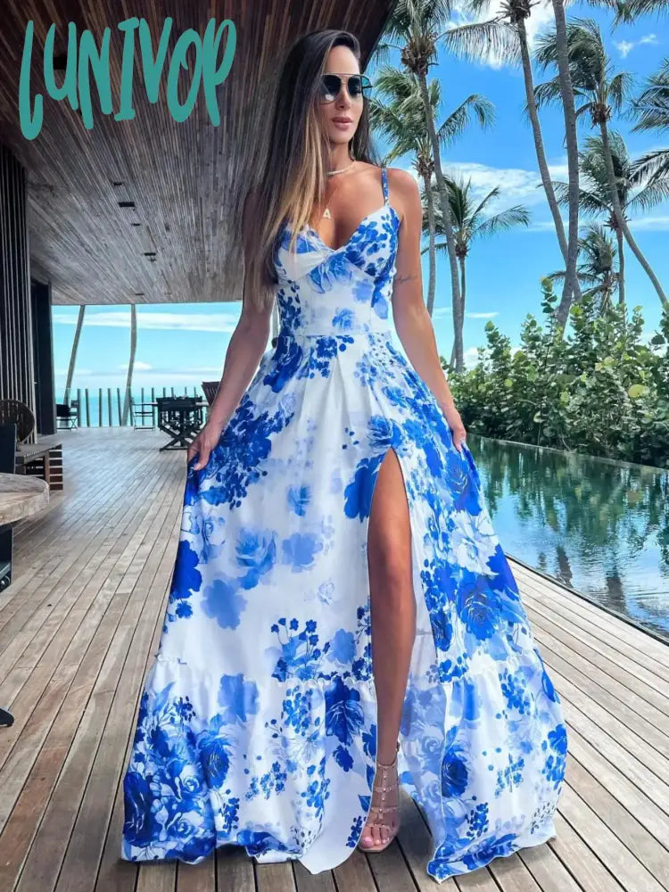 Lunivop Women Summer Floral Long Dress Lace Up Sling Party Dresses Slit Irregular Hem Ladies Hollow