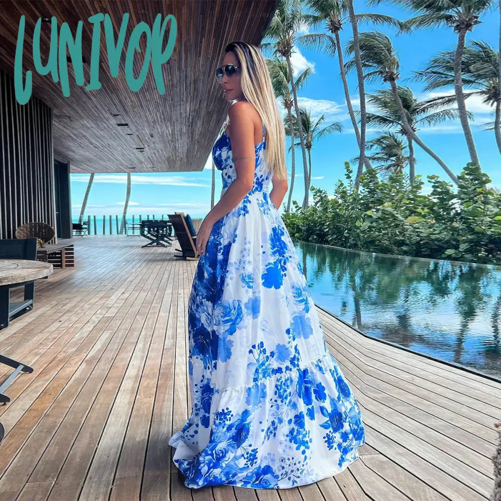 Lunivop Women Summer Floral Long Dress Lace Up Sling Party Dresses Slit Irregular Hem Ladies Hollow