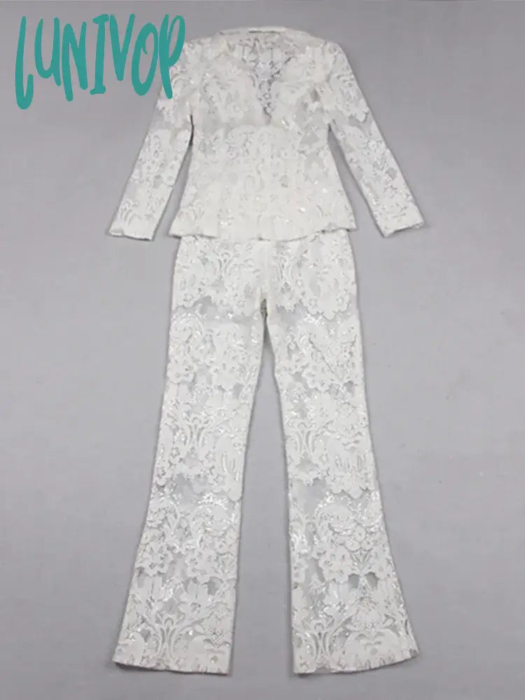 Lunivop Women Summer Luxury Sexy Long Sleeve V Neck Sequins Black White Pants Set Celebrity