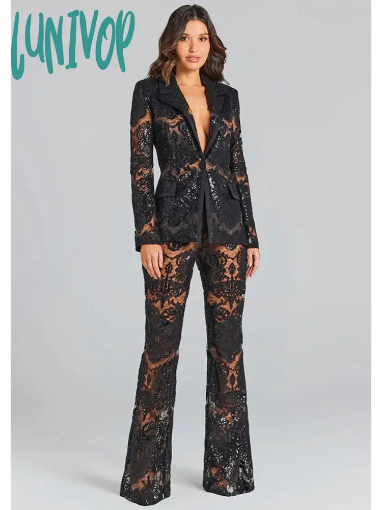 Lunivop Women Summer Luxury Sexy Long Sleeve V Neck Sequins Black White Pants Set Celebrity