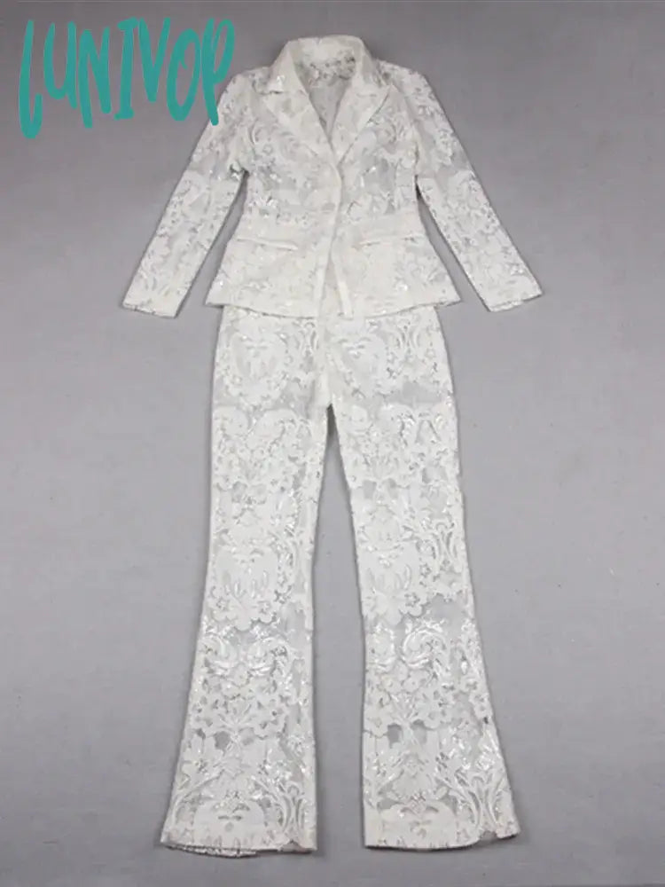 Lunivop Women Summer Luxury Sexy Long Sleeve V Neck Sequins Black White Pants Set Celebrity