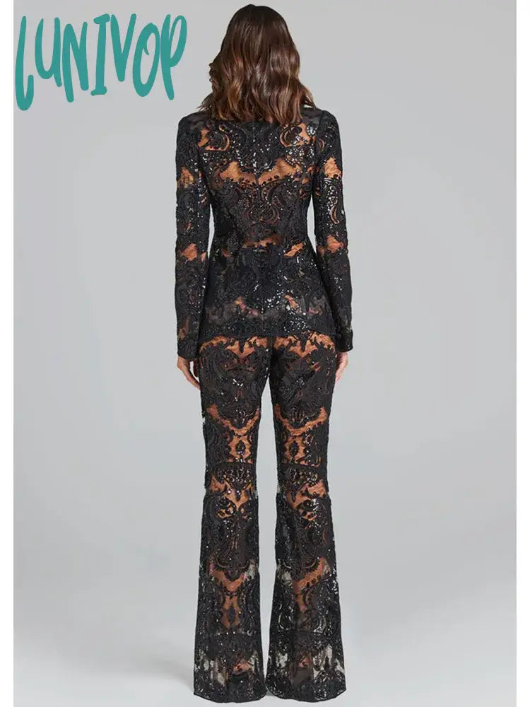 Lunivop Women Summer Luxury Sexy Long Sleeve V Neck Sequins Black White Pants Set Celebrity