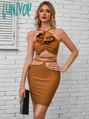 Lunivop Women Summer Sexy Backless Halter Sparkly Gold Ruffles Lacing Bandage Skirt Set Knitted