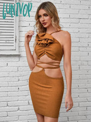 Lunivop Women Summer Sexy Backless Halter Sparkly Gold Ruffles Lacing Bandage Skirt Set Knitted