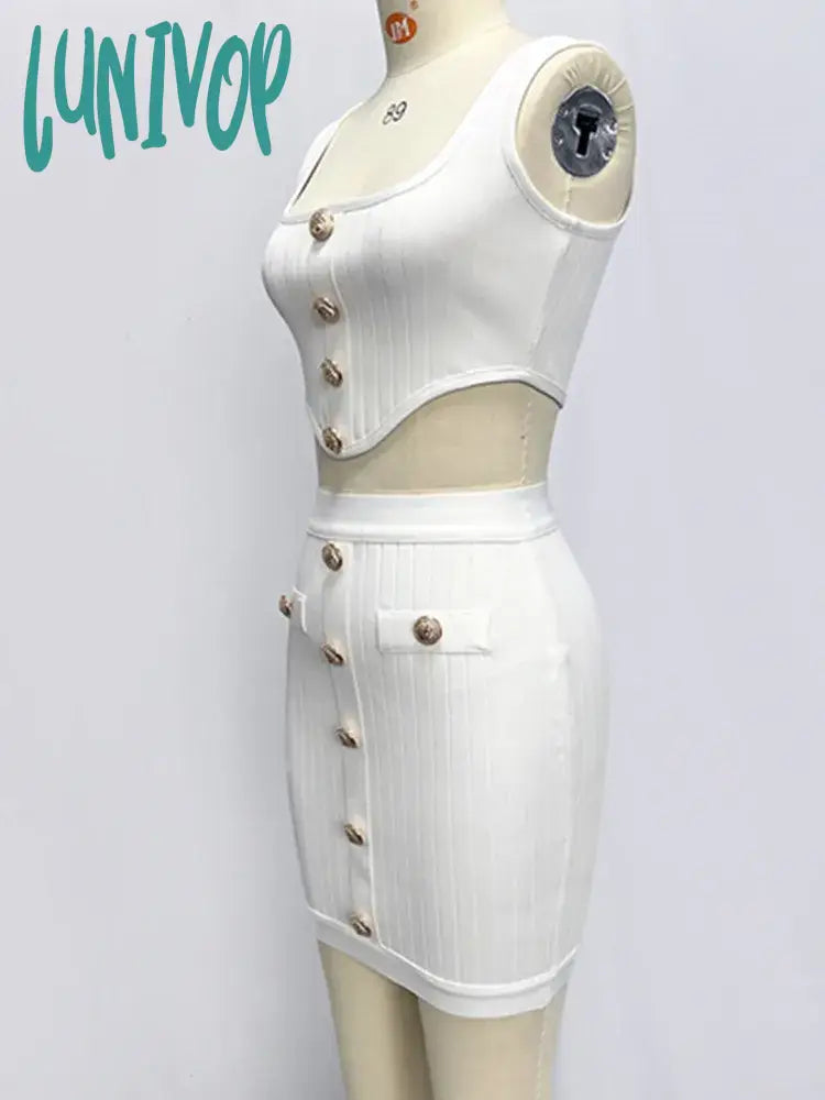 Lunivop Women Summer Sexy O Neck Sleeveless Backless Button White Mini Bodycon Skirt Bandage Set