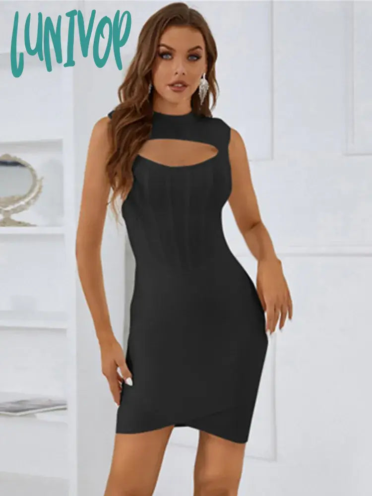 Lunivop Women Summer Sexy O Neck Sleeveless Key Hole White Black Mini Bodycon Bandage Dress Elegant