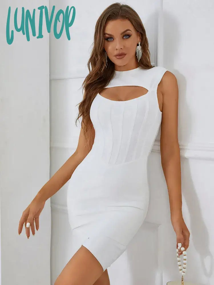 Lunivop Women Summer Sexy O Neck Sleeveless Key Hole White Black Mini Bodycon Bandage Dress Elegant