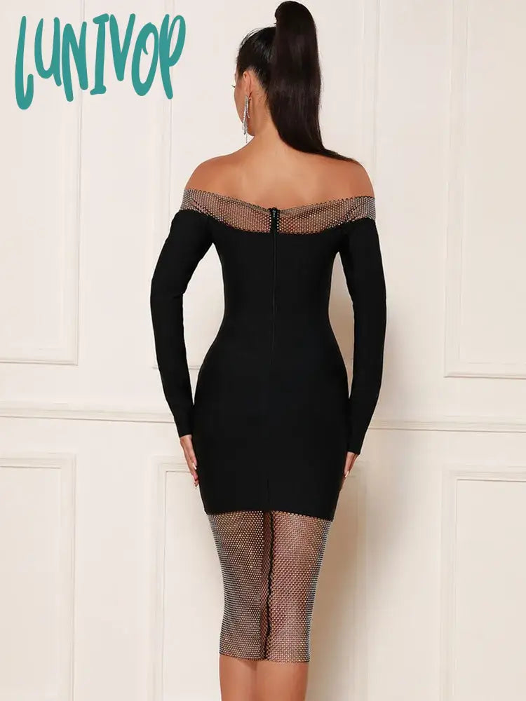 Lunivop Women Summer Sexy Off Shoulder Long Sleeve Black Dimaonds Bodycon Midi Bandage Dress