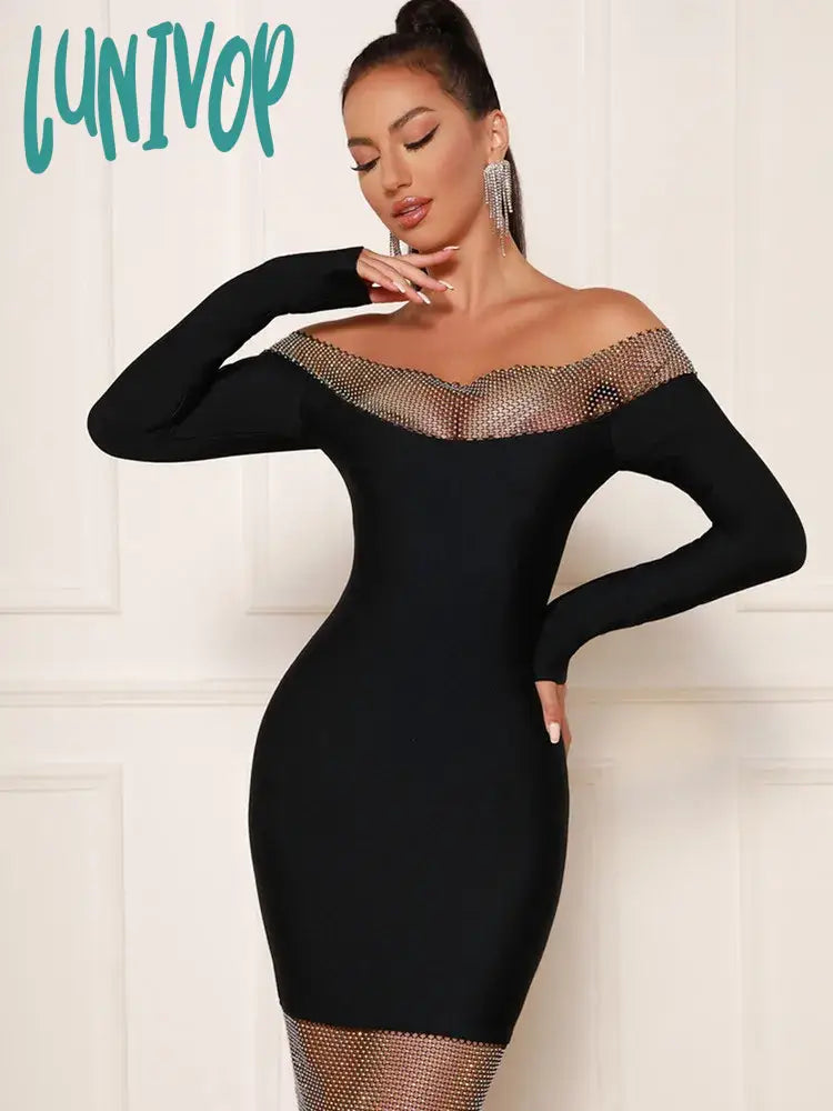 Lunivop Women Summer Sexy Off Shoulder Long Sleeve Black Dimaonds Bodycon Midi Bandage Dress