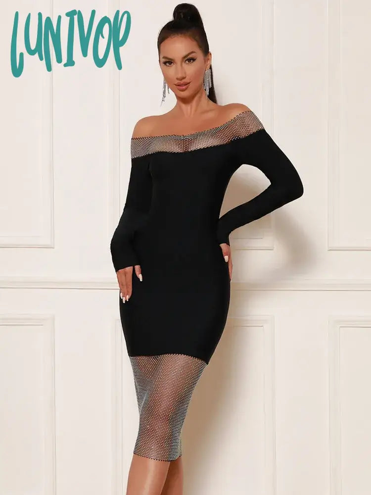 Lunivop Women Summer Sexy Off Shoulder Long Sleeve Black Dimaonds Bodycon Midi Bandage Dress