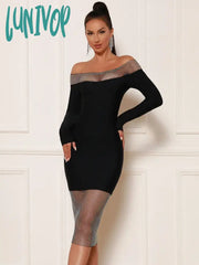 Lunivop Women Summer Sexy Off Shoulder Long Sleeve Black Dimaonds Bodycon Midi Bandage Dress