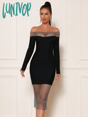 Lunivop Women Summer Sexy Off Shoulder Long Sleeve Black Dimaonds Bodycon Midi Bandage Dress