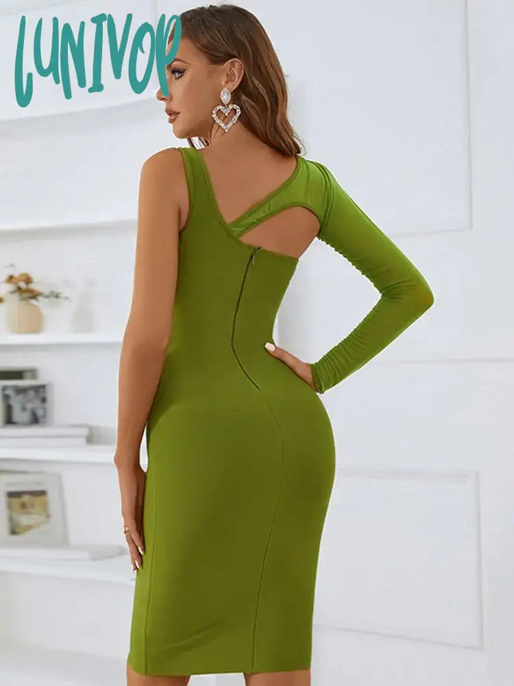 Lunivop Women Summer Sexy Single Sleeve Hollow Out Green Black Mini Bodycon Bandage Dress Elegant