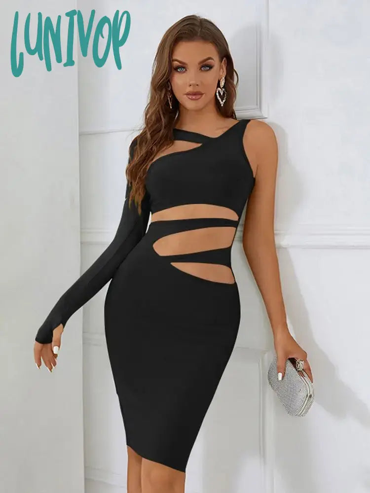 Lunivop Women Summer Sexy Single Sleeve Hollow Out Green Black Mini Bodycon Bandage Dress Elegant