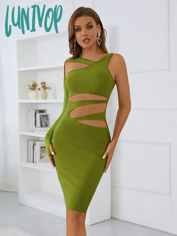 Lunivop Women Summer Sexy Single Sleeve Hollow Out Green Black Mini Bodycon Bandage Dress Elegant