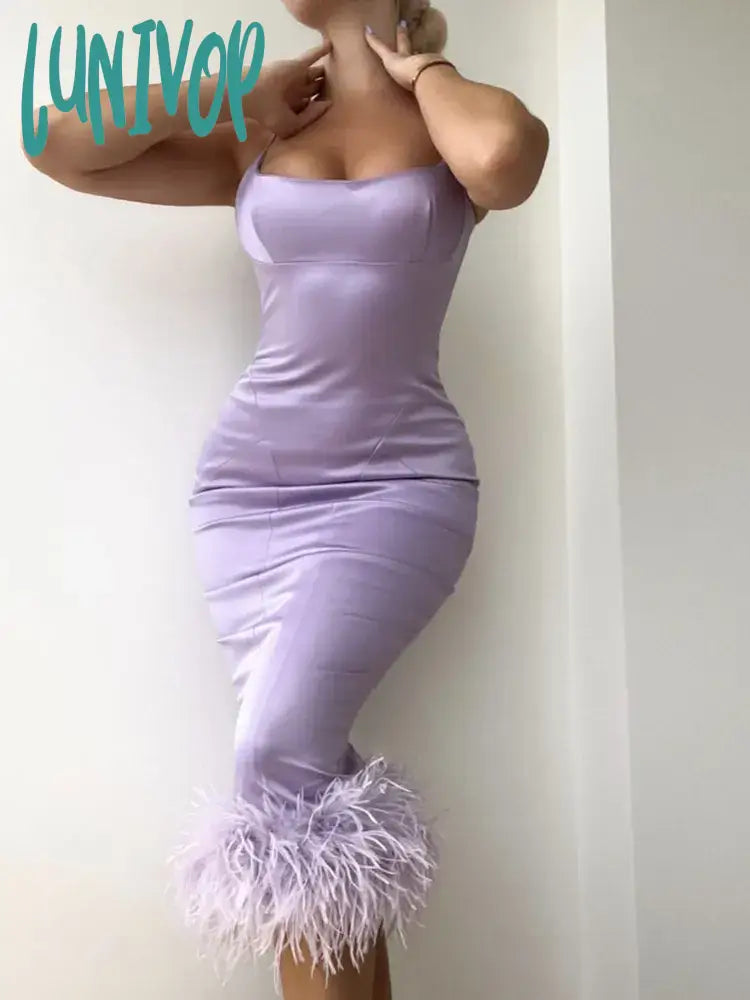 Lunivop Women Summer Sexy Sleeveless O Neck Purple Feather Midi Bodycon Bandage Dress Elegant Party