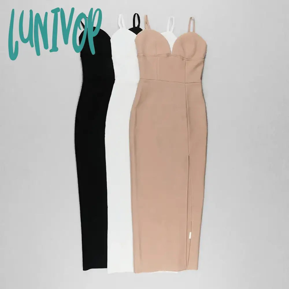 Lunivop Women Summer Sexy Sleeveless V Neck Split Knee Length Midi White Bodycon Bandage Dress