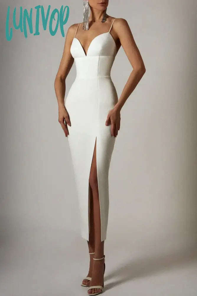 Lunivop Women Summer Sexy Sleeveless V Neck Split Knee Length Midi White Bodycon Bandage Dress