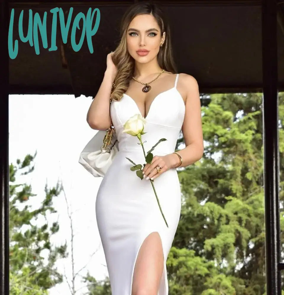 Lunivop Women Summer Sexy Sleeveless V Neck Split Knee Length Midi White Bodycon Bandage Dress