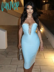 Lunivop Women Summer Sexy Strapless Backless Beading Sky Blue Mesh Midi Bodycon Bandage Dress