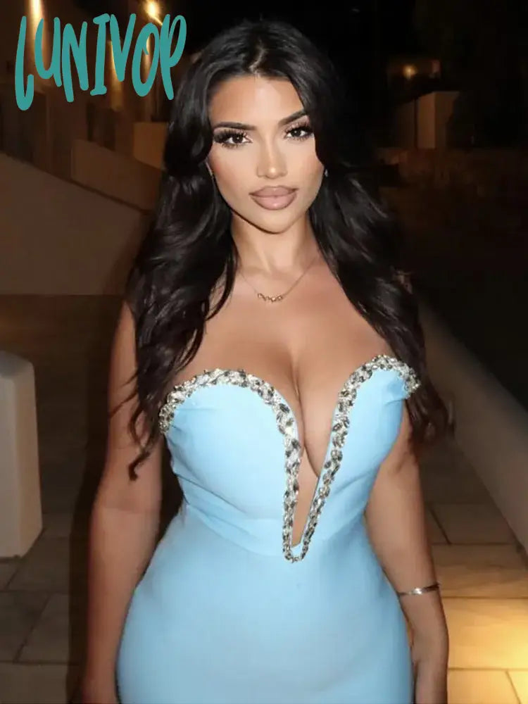 Lunivop Women Summer Sexy Strapless Backless Beading Sky Blue Mesh Midi Bodycon Bandage Dress