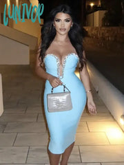 Lunivop Women Summer Sexy Strapless Backless Beading Sky Blue Mesh Midi Bodycon Bandage Dress