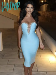Lunivop Women Summer Sexy Strapless Backless Beading Sky Blue Mesh Midi Bodycon Bandage Dress