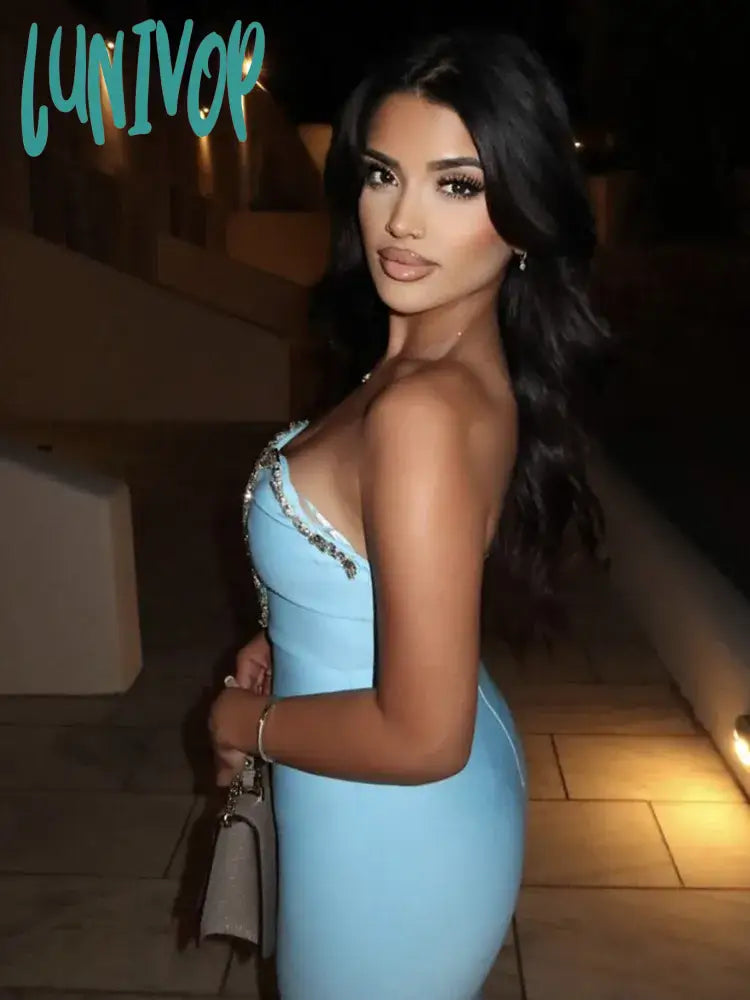 Lunivop Women Summer Sexy Strapless Backless Beading Sky Blue Mesh Midi Bodycon Bandage Dress