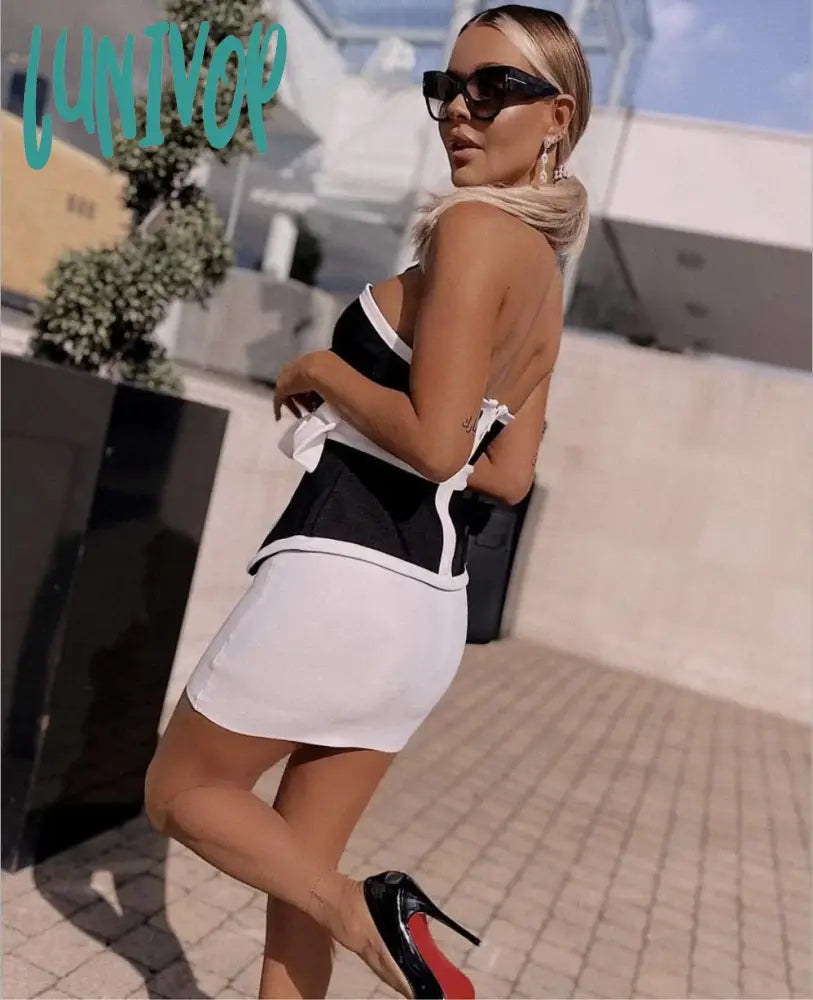 Lunivop Women Summer Sexy Strapless Backless Patchwork Two Piece Bandage Set Fashion Evening Party