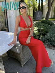 Lunivop Women Summer Sexy V Neck Red Black Two Piece Maxi Long Skirt Bandage Set Evening Party