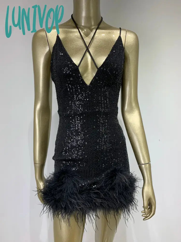 Lunivop Women Summer Sexy V Neck Sequins Glitter Sparkly Feather Mesh Black Mini Bodycon Dress