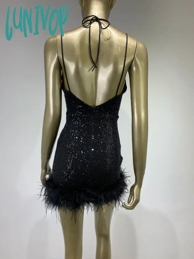 Lunivop Women Summer Sexy V Neck Sequins Glitter Sparkly Feather Mesh Black Mini Bodycon Dress