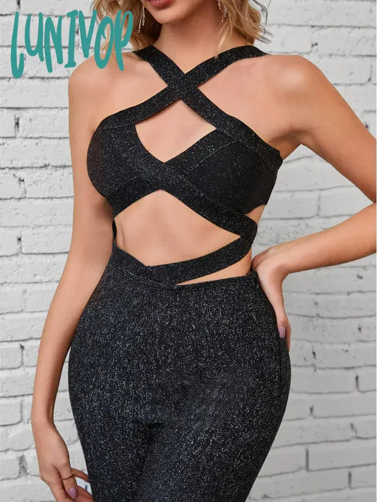 Lunivop Women Summer Style Sexy Cut Out Hollow Glitter Sparkly Black Bodycon Bandage Jumpsuit High