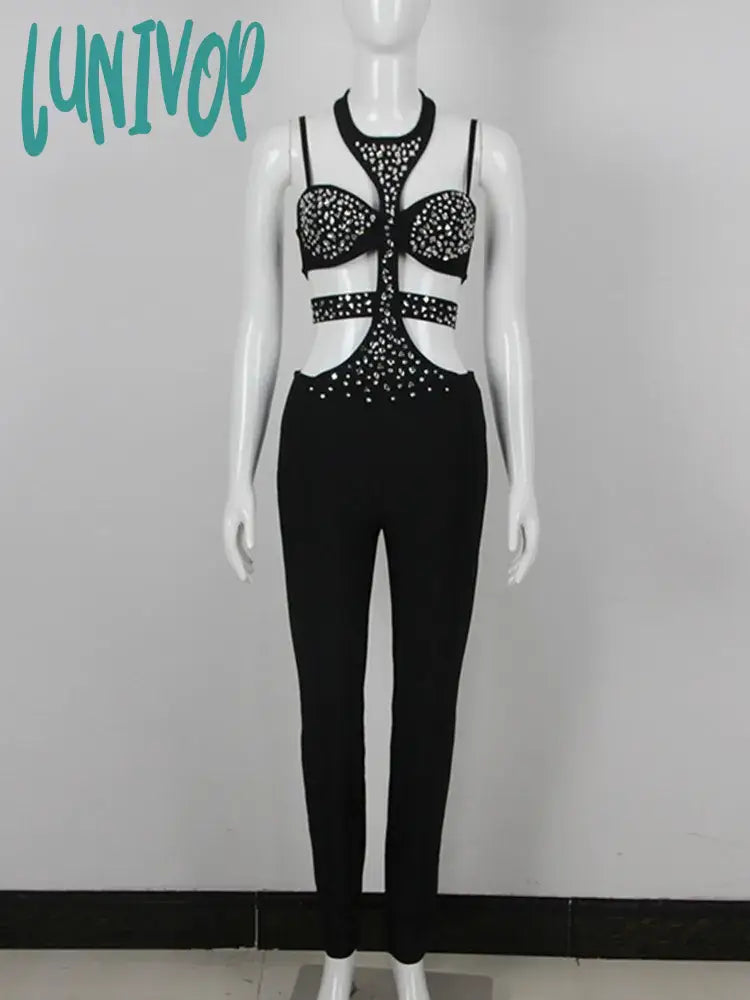 Lunivop Women Summer Style Sexy Cut Out Hollow Studded Beading Black Bodycon Bandage Jumpsuit High