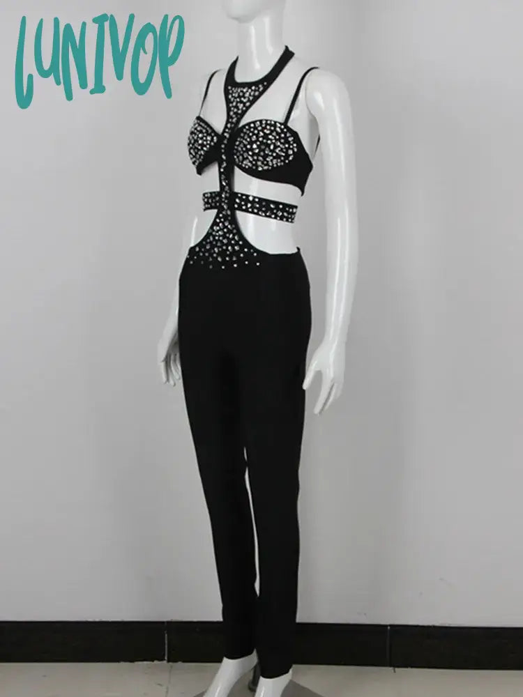 Lunivop Women Summer Style Sexy Cut Out Hollow Studded Beading Black Bodycon Bandage Jumpsuit High