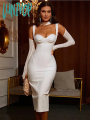 Lunivop Women Summer Style Sexy Key Hole Long Sleeve Mesh White Midi Bodycon Bandage Dress Elegant