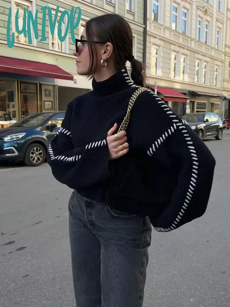 Lunivop Women Sweater Black Patchwork Loose Fashion Winter Thick Turtleneck Female Pullovers Warm