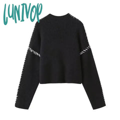 Lunivop Women Sweater Black Patchwork Loose Fashion Winter Thick Turtleneck Female Pullovers Warm